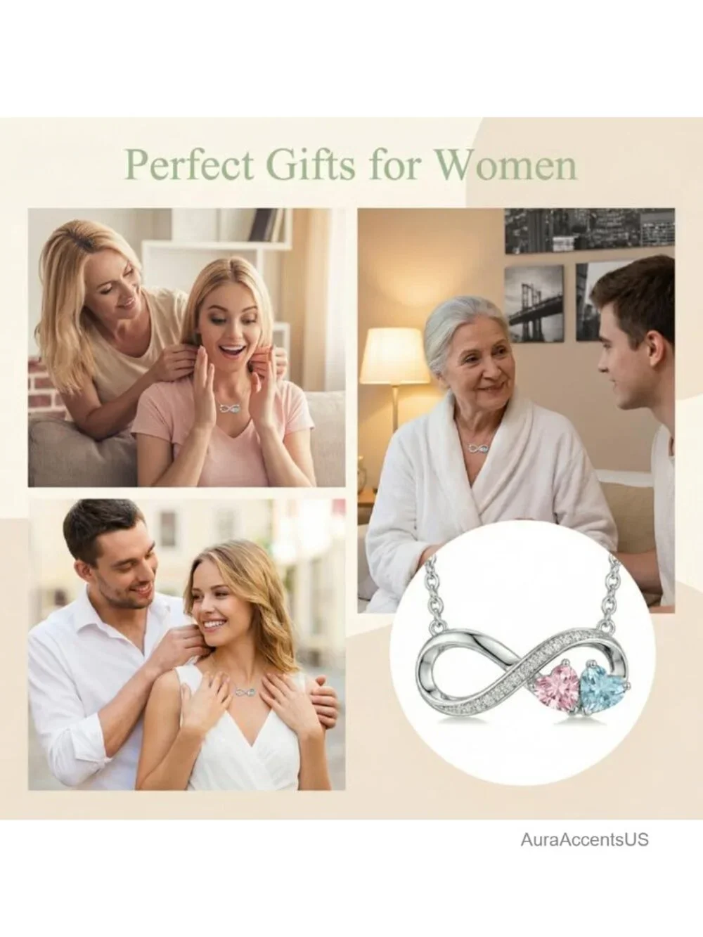 18K White Gold Plated Birthstone Infinity Heart Pendant Necklace